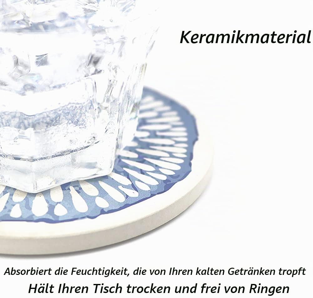 Untersetzer Gläser, Keramik untersetzer 6er Set, Saugfähig Kork Keramik Glasuntersetzer mit Halter f