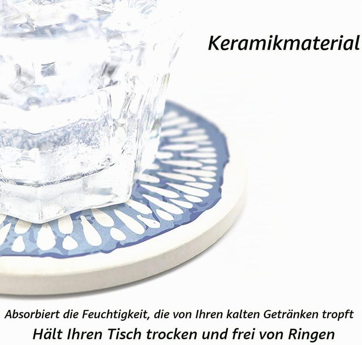 Untersetzer Gläser, Keramik untersetzer 6er Set, Saugfähig Kork Keramik Glasuntersetzer mit Halter f