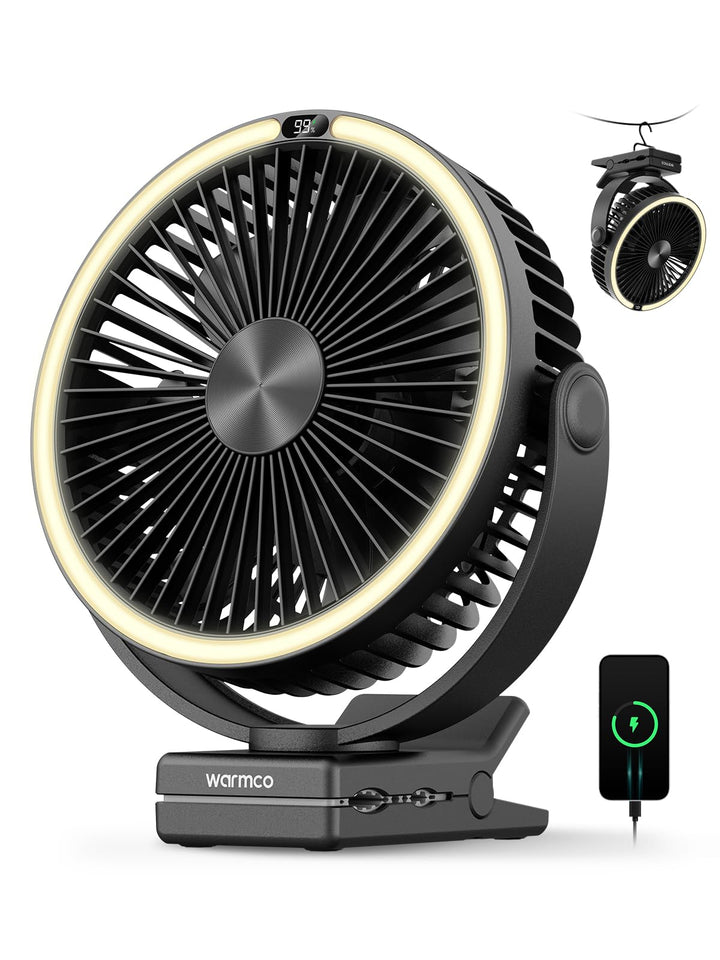 Warmco Tragbarer Ventilator mit LED-Laterne und Haken, 15000 mAh, batteriebetrieben, Camping-Tischve