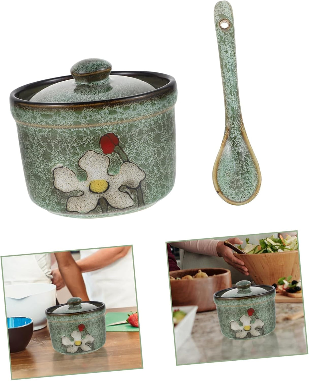 DOITOOL 1 Set Keramik-Gewürzdose mit Deckel, Löffel, Retro-Würztopf, Gewürzdose, Gewürzdosen, Zucker