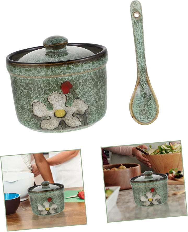 DOITOOL 1 Set Keramik-Gewürzdose mit Deckel, Löffel, Retro-Würztopf, Gewürzdose, Gewürzdosen, Zucker