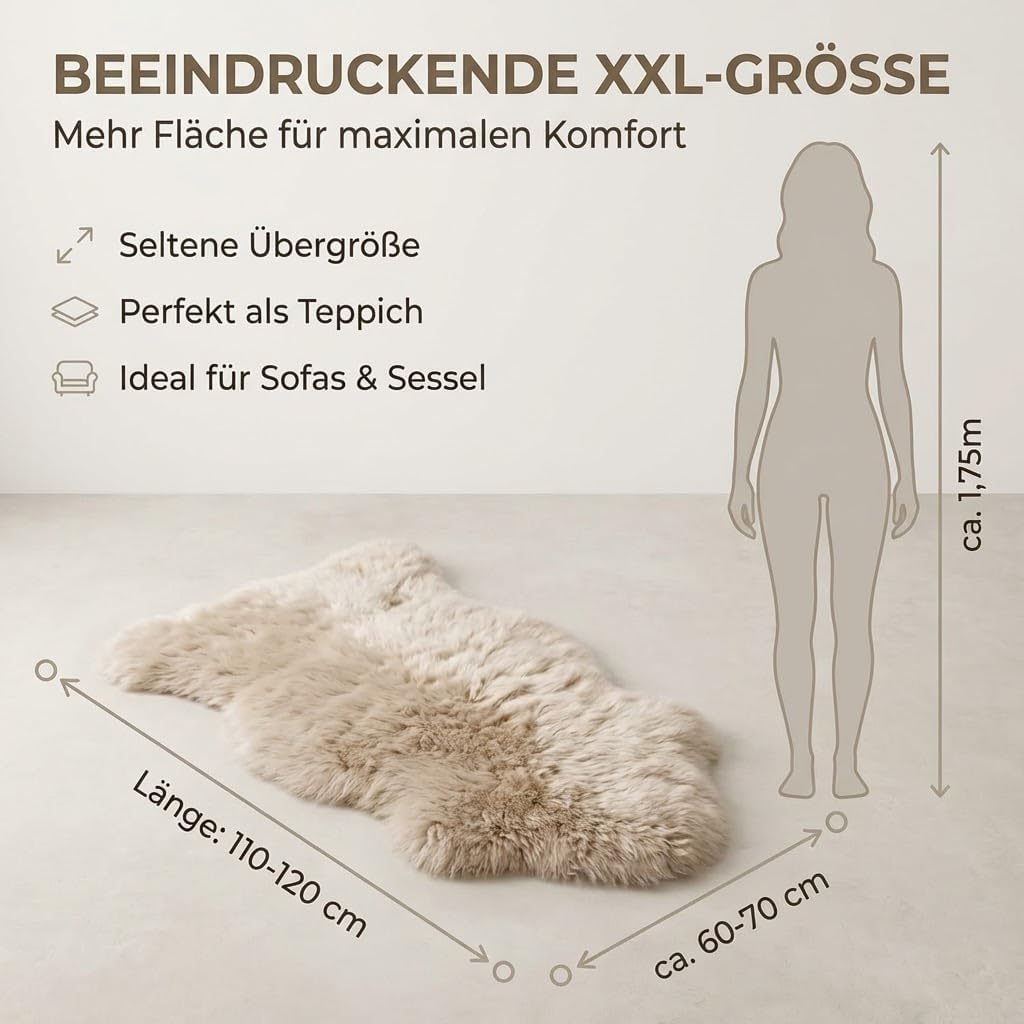 Extra grosses Super-Premium Lammfell, Schaffell, hell-beige. Extra zartes, geruchsarmes, echtes Meri