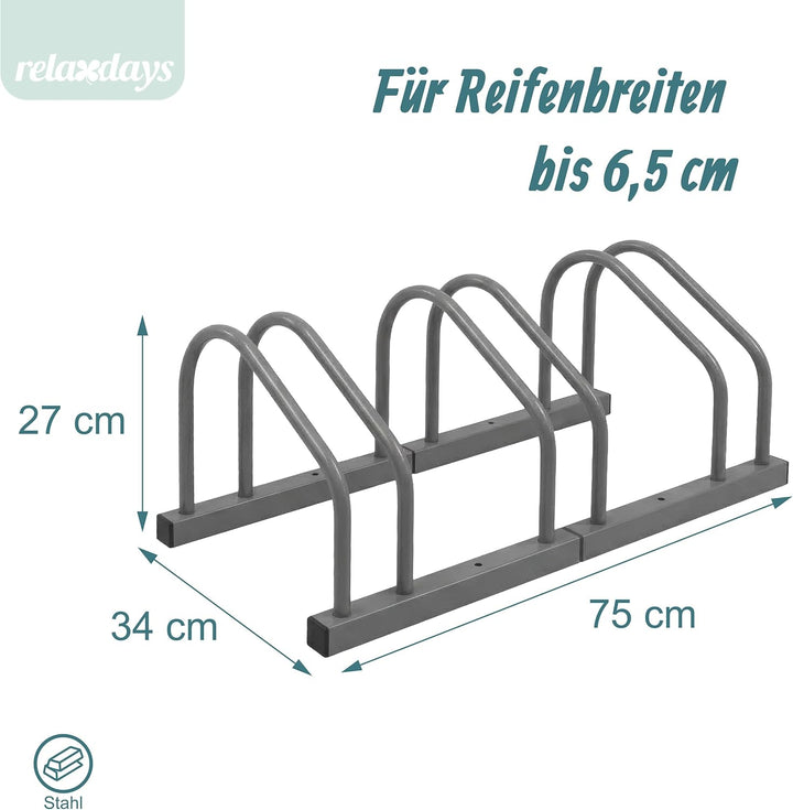 Relaxdays Fahrradständer Boden &amp; Wandmontage, 3 Räder, bis 65 mm Reifenbreite, Garage &amp; Hof, Reihenp