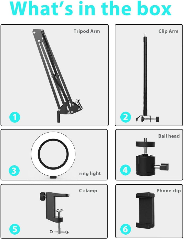 Overhead Stativ Handy mit Ringlicht, Flexibler Tisch Kamera Arm mit Licht, Flexible Tisch Kamera Arm