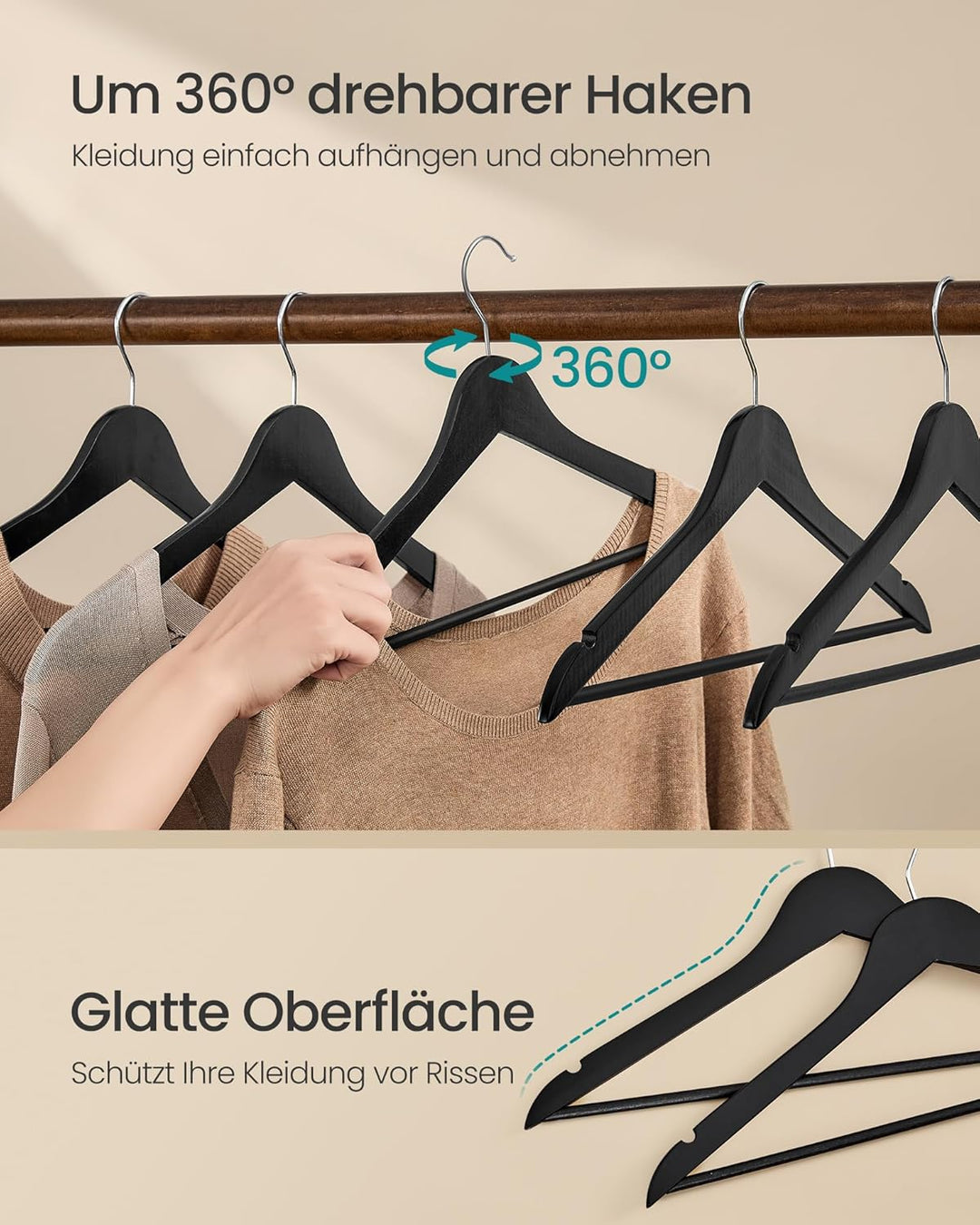 SONGMICS Kleiderbügel Holz, 30er Set, Holzbügel schlank, Bügel, platzsparend, Hosenbügel, 360° drehb