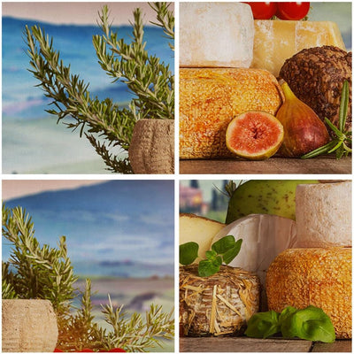 Wandbilder Dekoration Wohnzimmer Toskana Käse Obst Italien Panorama Bilder auf Leinwand 120x50cm Lei