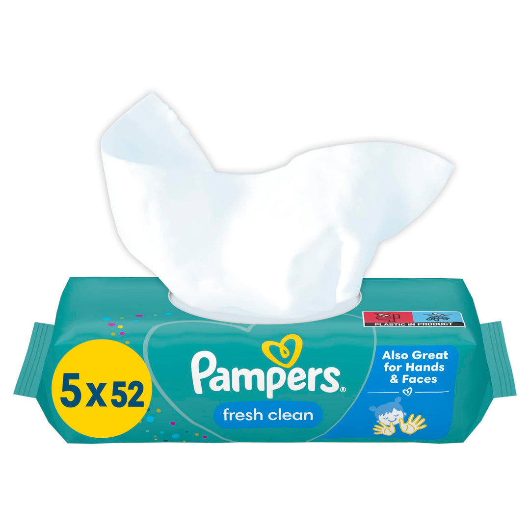 Pampers Fresh Clean Feuchttücher 5 Packungen mit 52 Stück = 260 Feuchttücher, milder Duft, auch für