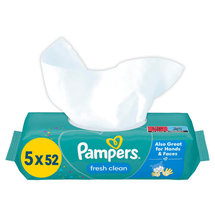 Pampers Fresh Clean Feuchttücher 5 Packungen mit 52 Stück = 260 Feuchttücher, milder Duft, auch für