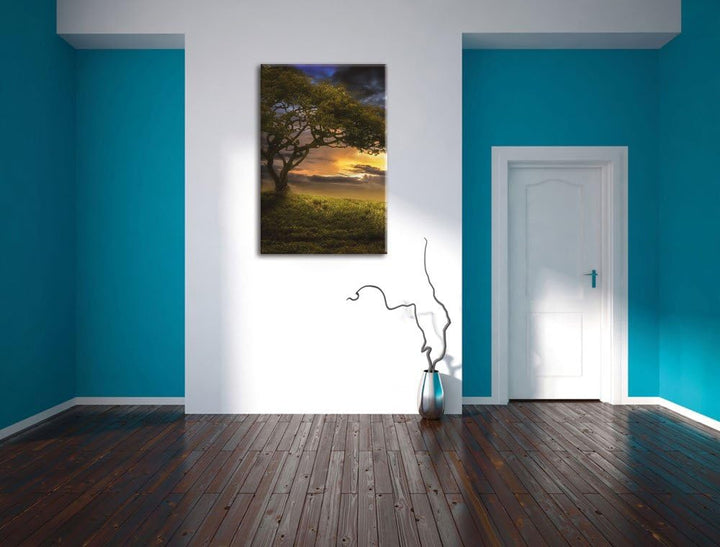 Pixxprint Einsamer Baum schwarz weiss / 100x70cm Leinwandbild bespannt auf Holzrahmen/Wandbild Kunst