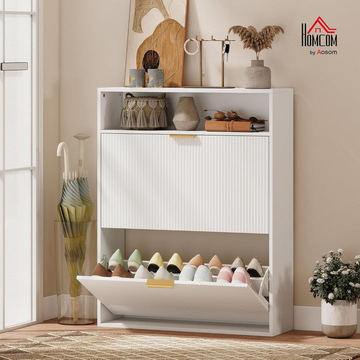 HOMCOM Schuhschrank mit 2 Klappen 2 Türen für 12-16 Paar 80x24x102,5cm Weiss | Schmal Schuhkipper, A