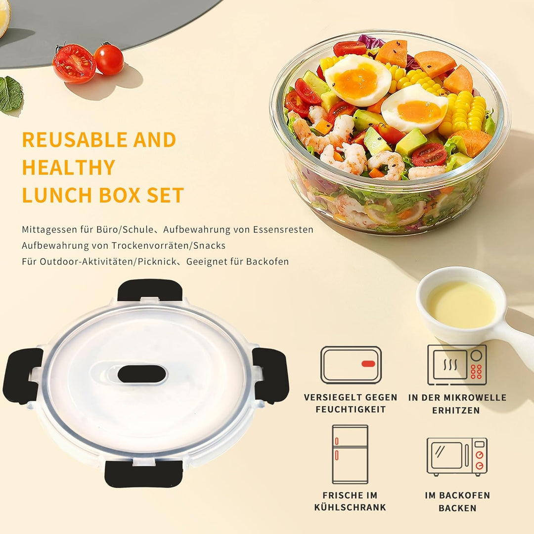 1300ml Frischhaltedosen Glas mit Deckel 4er, Rund Meal Prep Boxen Glas mit Deckel, Versiegelter Glas