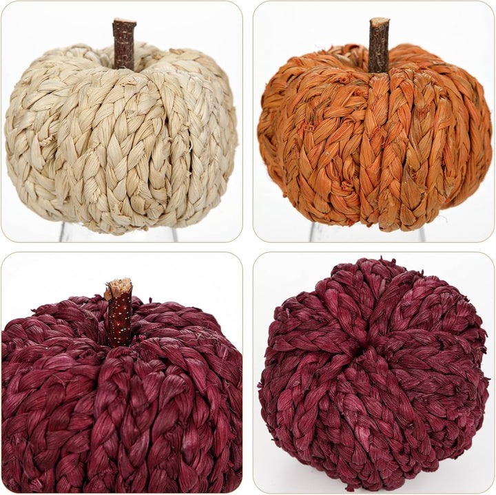 Hollyone 3er-Set Künstlicher Kürbis Herbstdeko Kleine Kürbisse Deko Orange Rot Beige Gewebte Kürbiss