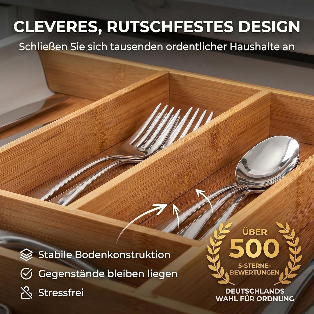 Dimono® Schubladeneinsatz Besteckeinsatz aus Bambus-Holz Schubladen; 7-9 Fächer Ordnungssystem Flexi