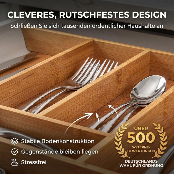 Dimono® Schubladeneinsatz Besteckeinsatz aus Bambus-Holz Schubladen; 7-9 Fächer Ordnungssystem Flexi