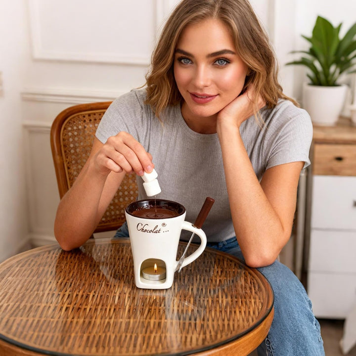 Schokoladen Fondue Tasse - Keramik Schokoladen Schmelztopf Mit Gabel - Tragbares Hot Pot Becher Set,