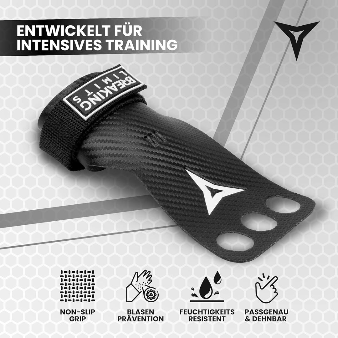 BREAKING LIMITS Crossfit Grips - Carbon-Mikrofaser-Fitness-Handschuhe mit 3 Fingerlöchern - Handschu