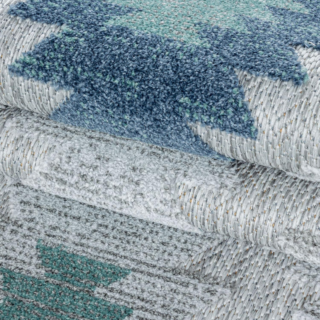 Carpetsale24 Outdoor Teppich Modern, Kelim Berber Muster 3D Optik, Rechteckig, Grau mit blauen Muste