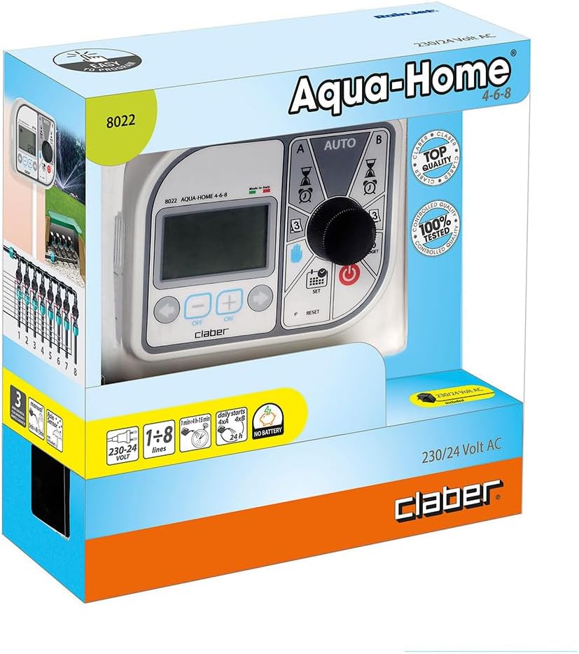 Claber Aqua-Home 4-6-8, Bewässerungscomputer für 8 Bewässerungskreise Einzelbett, Einzelbett