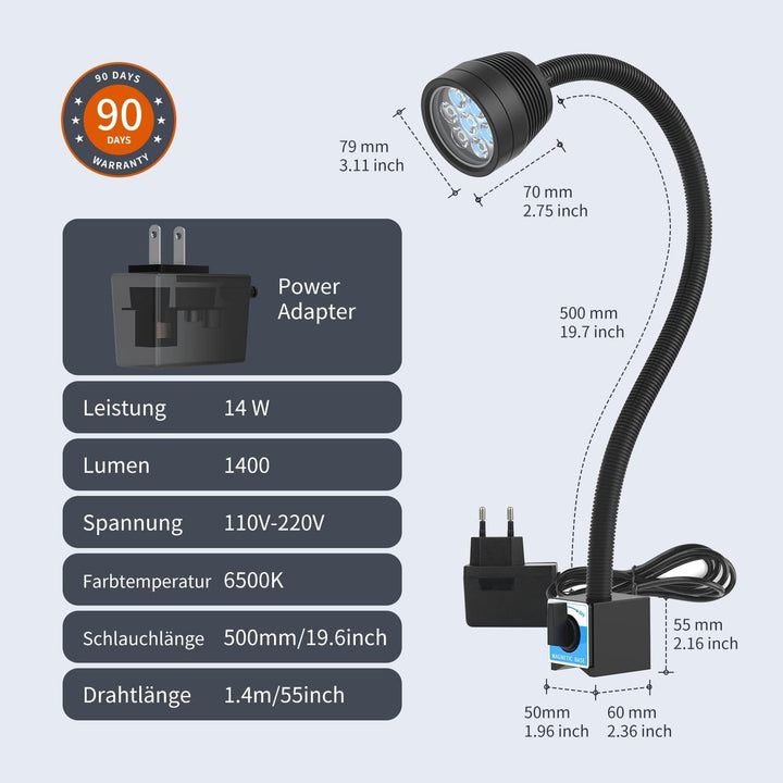 YouTeMei Maschinenlampe mit Magnetfuss Magnetische LED Drehmaschine Lampe 14W 1400 Lumen 6500K Flexi