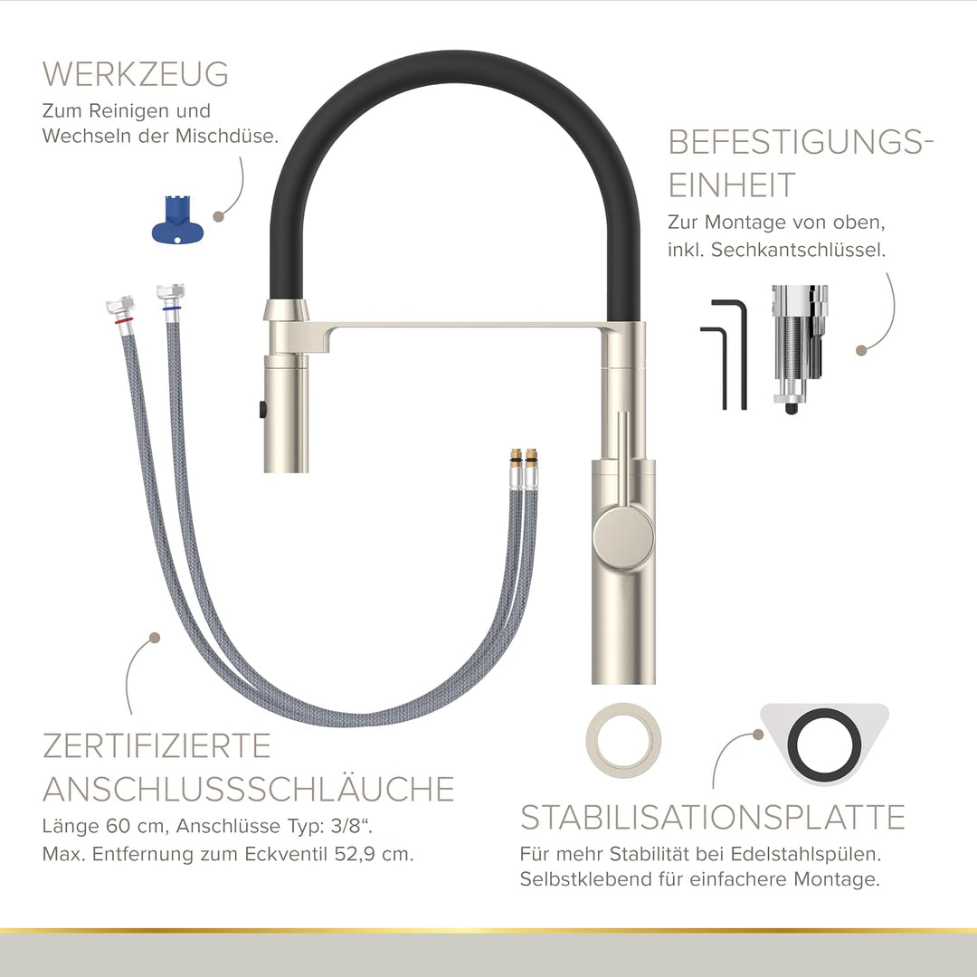 Lenz Küchenarmatur NALU in nickel-matt - flexible Geschirrbrause mit 2 Strahlarten - Zweistufige Was