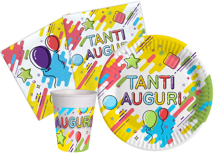 Partygeschirr Party-Set Tanti Auguri Fun für 24 Personen (88 pcs: 24 Pappteller Ø23cm, 24 Becher 250
