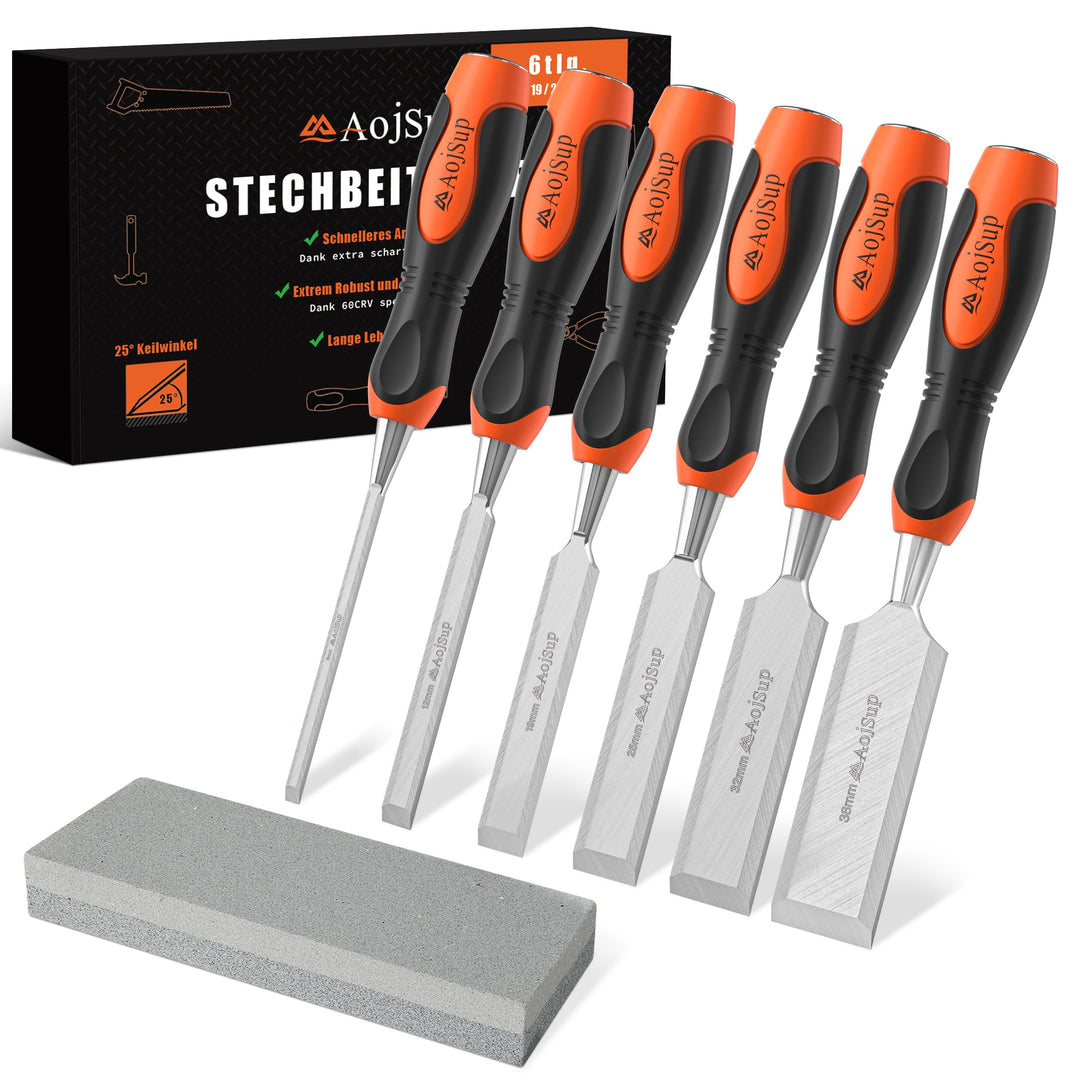 AojSup Stechbeitel Set für Holz 6tlg. inkl. Scharfes Stecheisen Set (6, 12, 19, 25, 32, 38mm) und Sc