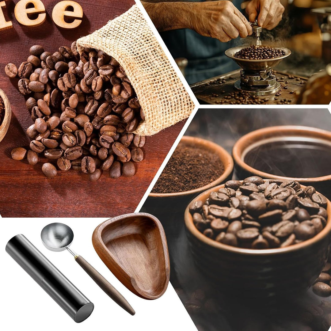 Coffee Bean Dosing Cup, Wooden Coffee Dosing Tray, Brewing Tool Set with Spoon and Spray Bottle for
