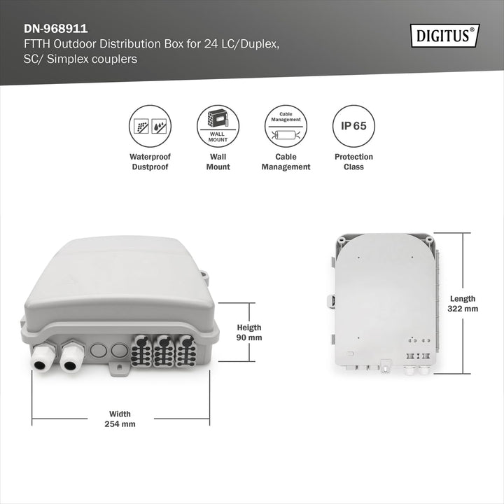 DIGITUS FTTH Distributionsbox für Aussen - 24 LC/Duplex oder 24 SC/Simplex Kupplungen