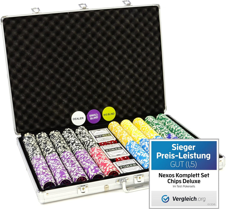 Nexos Trading Pokerkoffer 1000 Chips Laser Pokerchips Poker Komplett Set Alu-Koffer, Chips mit Metal