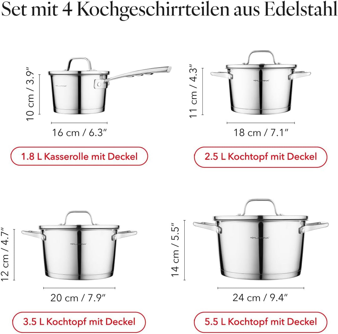 FLORINA Professional Kochtopf Set Edelstahl, 8-Teilig, Induktion, 4 Topfe, 4 Glasdeckel, Geeignet fü