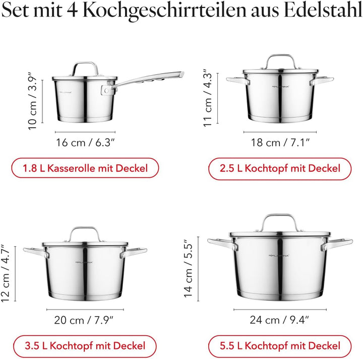 FLORINA Professional Kochtopf Set Edelstahl, 8-Teilig, Induktion, 4 Topfe, 4 Glasdeckel, Geeignet fü