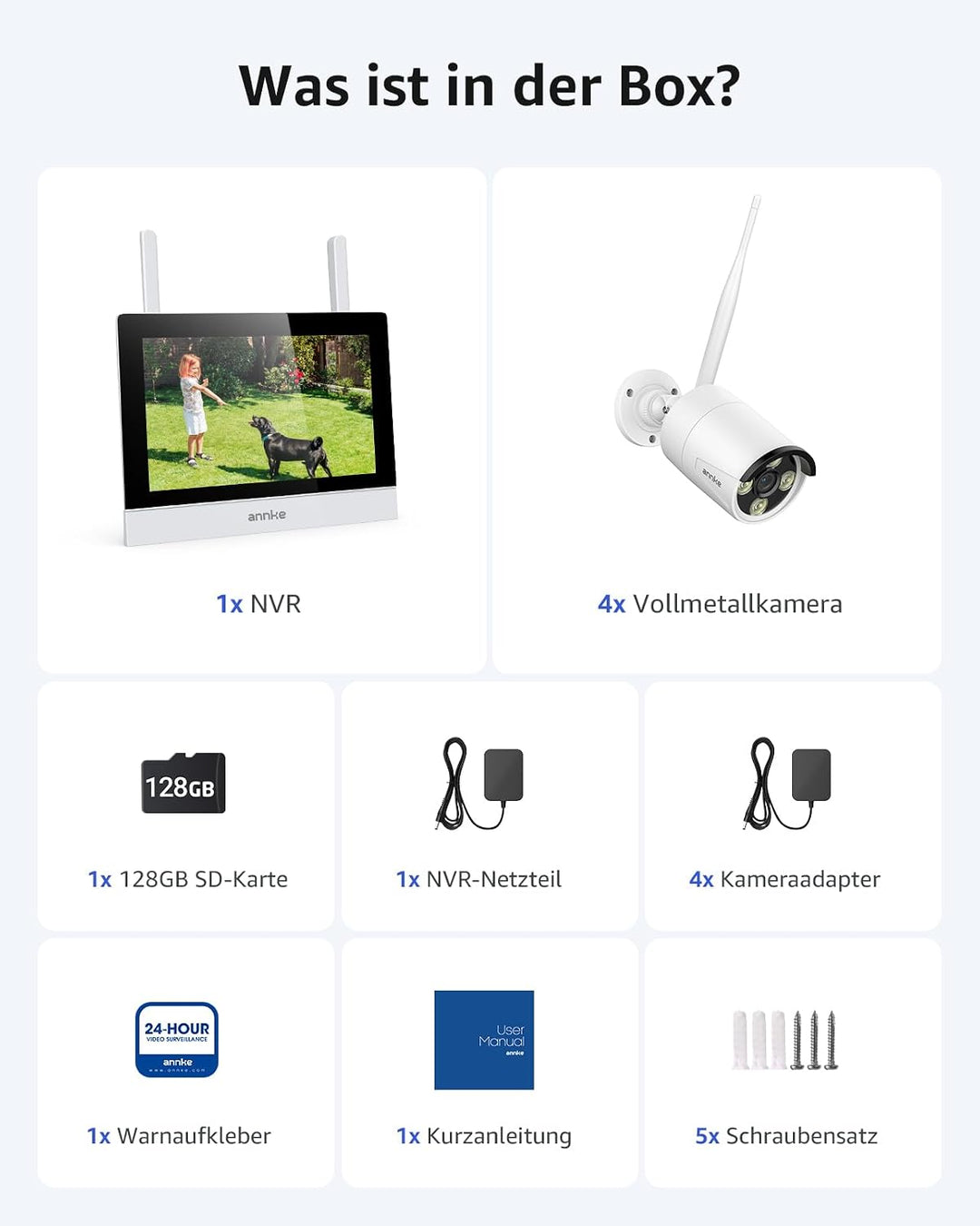 ANNKE 3MP Funk Überwachungskamera Set mit 10.1 Zoll Monitor, 4CH 5MP NVR und 4 IP Kameras Aussen mit
