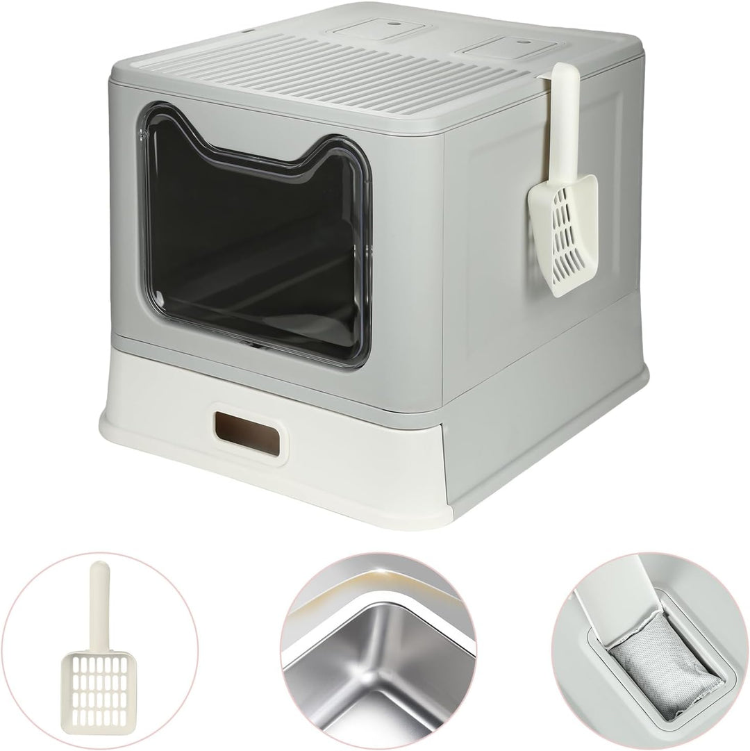 XXL Katzentoilette aus Edelstahl, Katzentoilette für grosse Katzen, doppelter Eingang, hohe Seite, a