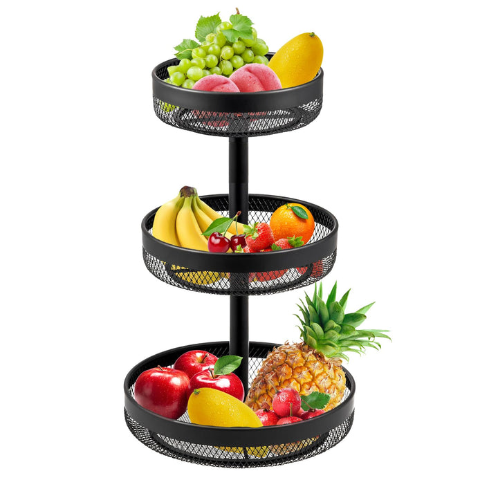 Afeeler 3-Stöckig runde Obst Etagere Schwarz, Elegante Obstkorb Brotkorb aus Metall, Obstteller Etag