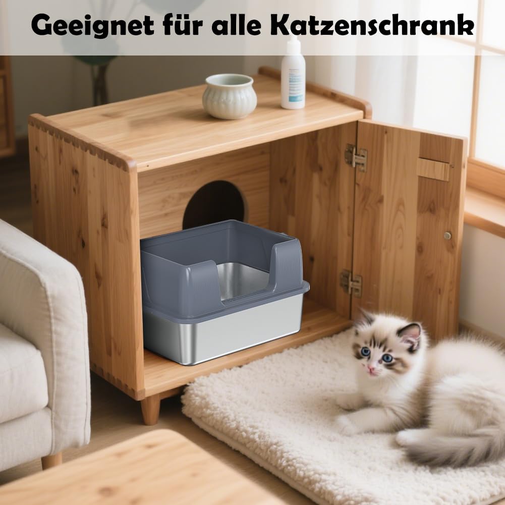 SZEE Kleine Edelstahl Katzenklo Quer für Kätzchen, Seiteneinstieg Katzentoilette aus Edelstahl, Leic