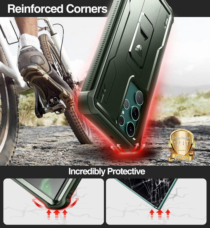 Dexnor Kompatibel mit Hülle Samsung Galaxy S22 Ultra【Doppelter Frontrahmen & Ständer】, Stossdämpfer