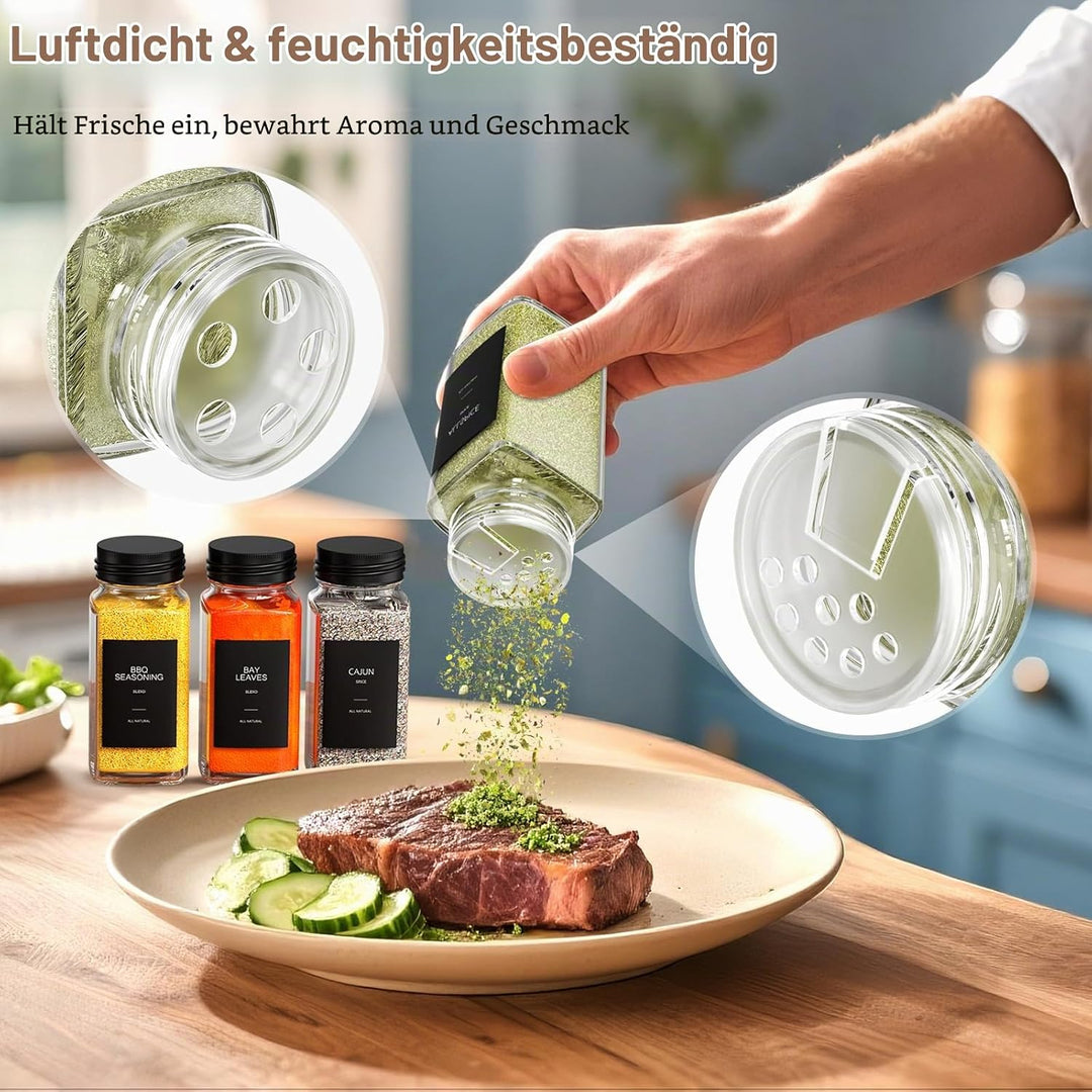 Gewürzgläser mit Regal [24 x 120ml] + 372 Gewürzetiketten, Gewürzregal Schublade mit Gläsern mit 6 G