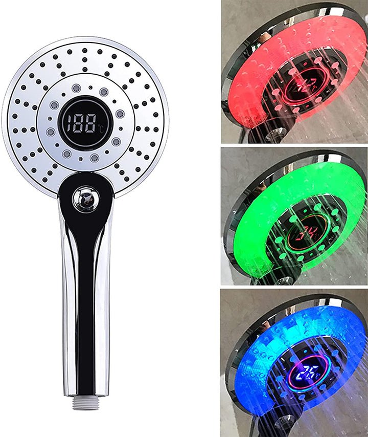 LED Duschkopf, Regendusche 3 Farben Farbwechsel Temperaturregelung, Handbrause mit Digital Temperatu