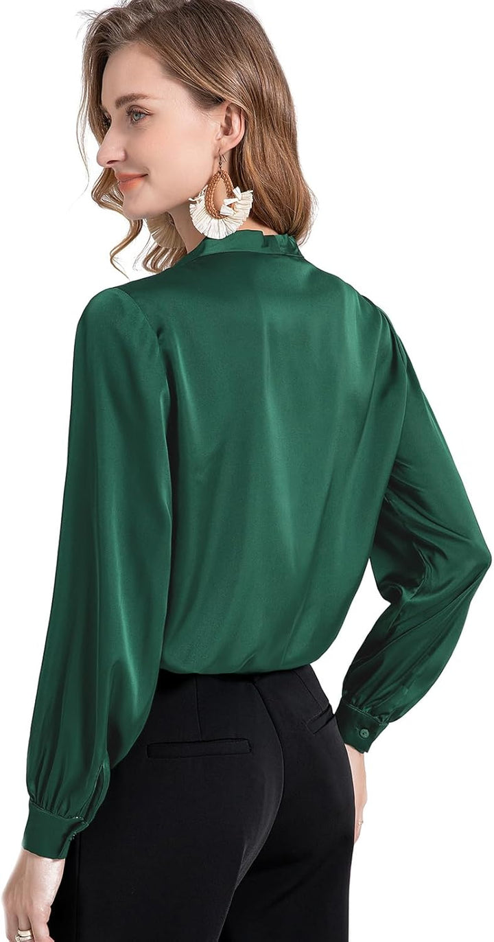 Tapata Bluse Damen Elegant Satin Button Down Hemd mit Schleife Female Hemdblus Langarm Business Lang
