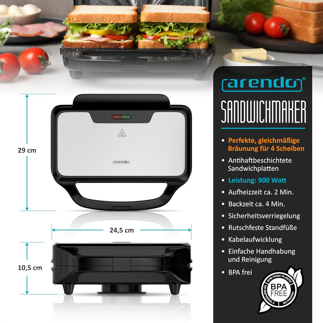 Arendo - Sandwichmaker mit Antihaftbeschichtung – 900 W - automatische Temperaturregelung – Sicherhe