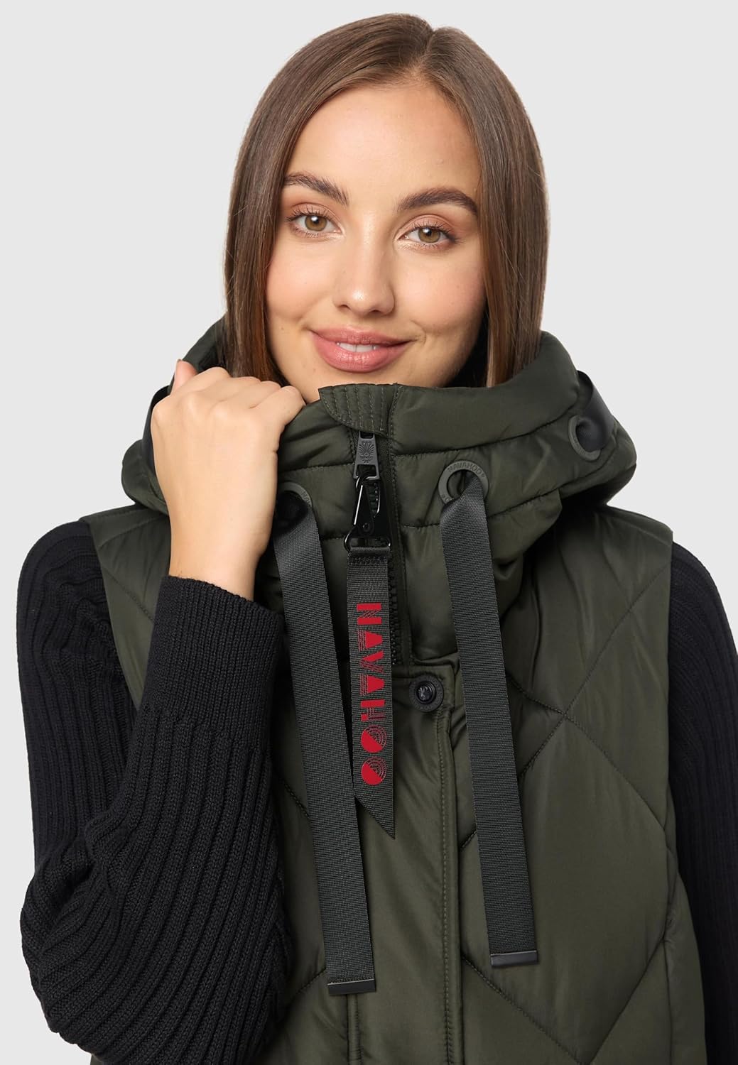 Navahoo warme Damen Winter Steppweste lang mit Kapuze Schnuckel XS-XXL S Dark Olive, S Dark Olive