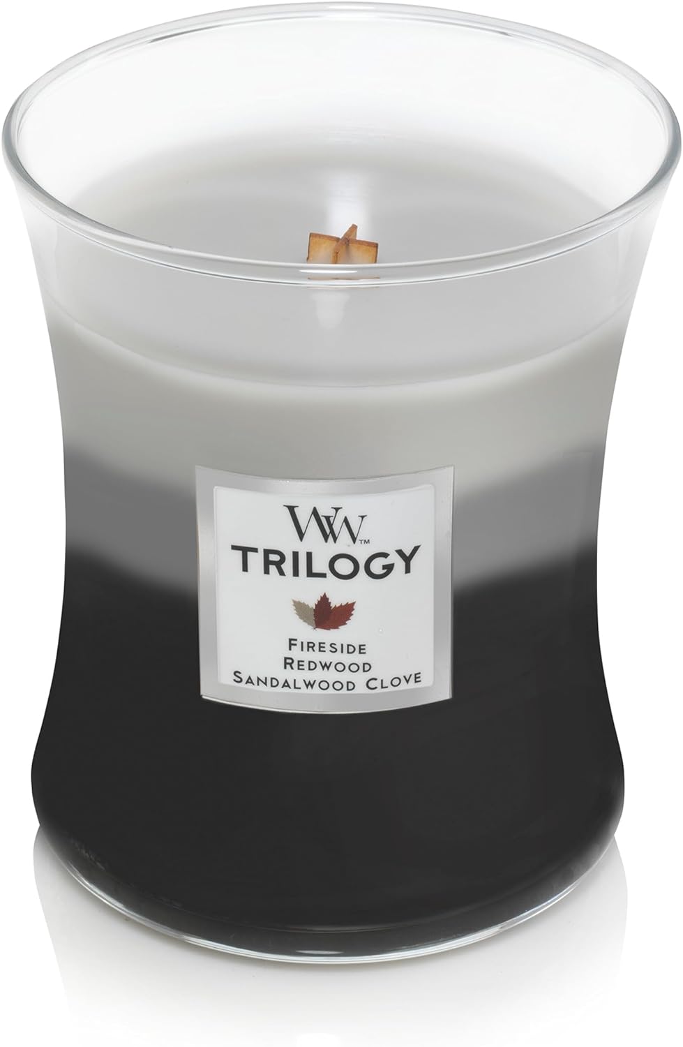 Millefiori Mittelgrosse WoodWick Trilogy-Duftkerze im Sanduhrglas mit Pluswick-Innovation, Warm Wood