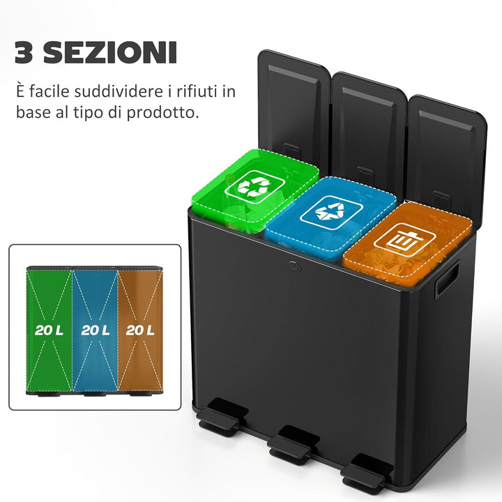 HOMCOM Mülleimer Küche 3 x 20 L Treteimer mit Softclose-Deckel und Pedal Mülltrennsystem 3 Fächer in