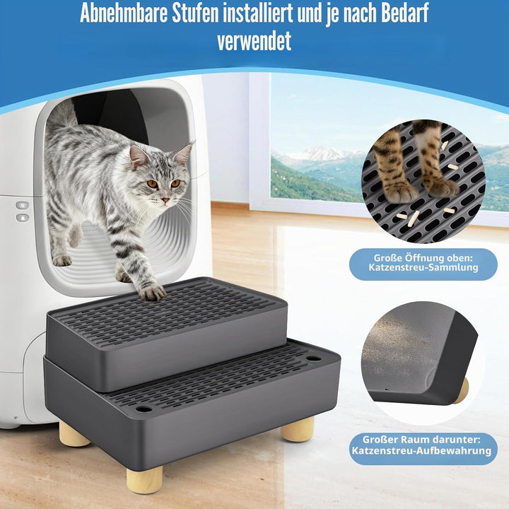 Verstellbare 2-stufige Katzentoilettenrampe, Katzen Treppen&amp;Stufen mit Holzfüsse Filterfunktion, lei