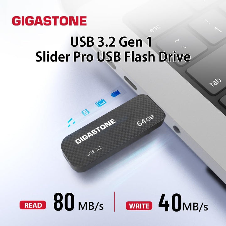 Gigastone Z30 USB-Stick (64 GB, USB 3.2 Gen1, ohne Kappe, einziehbares Design, Karbonfaser-Daumenlau
