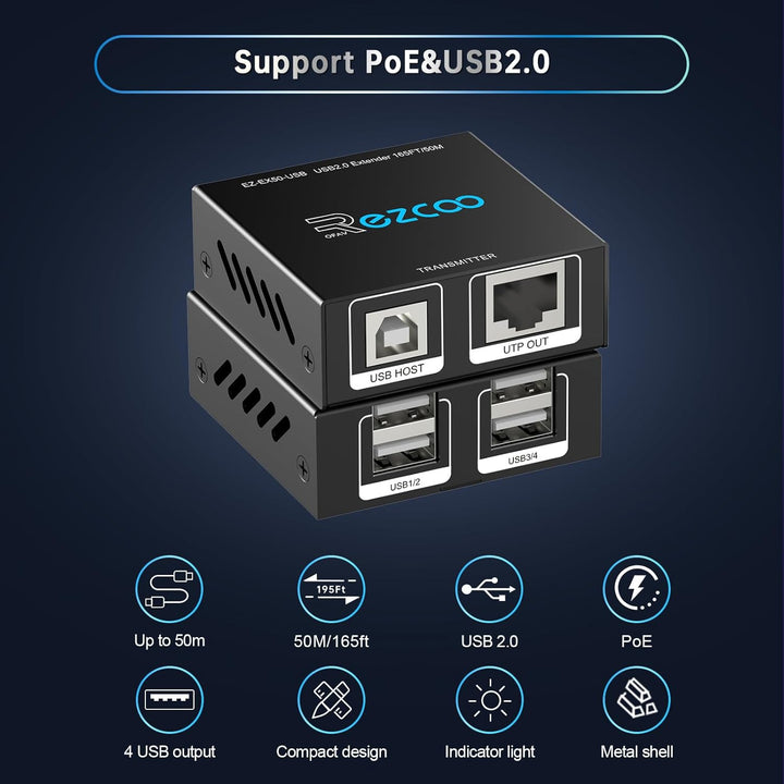 USB Extender 165ft 4-Port USB 2.0 HUB von Ethernet Cat5e Cat6 - USB RJ45 LAN-Erweiterung, Zwei Webca