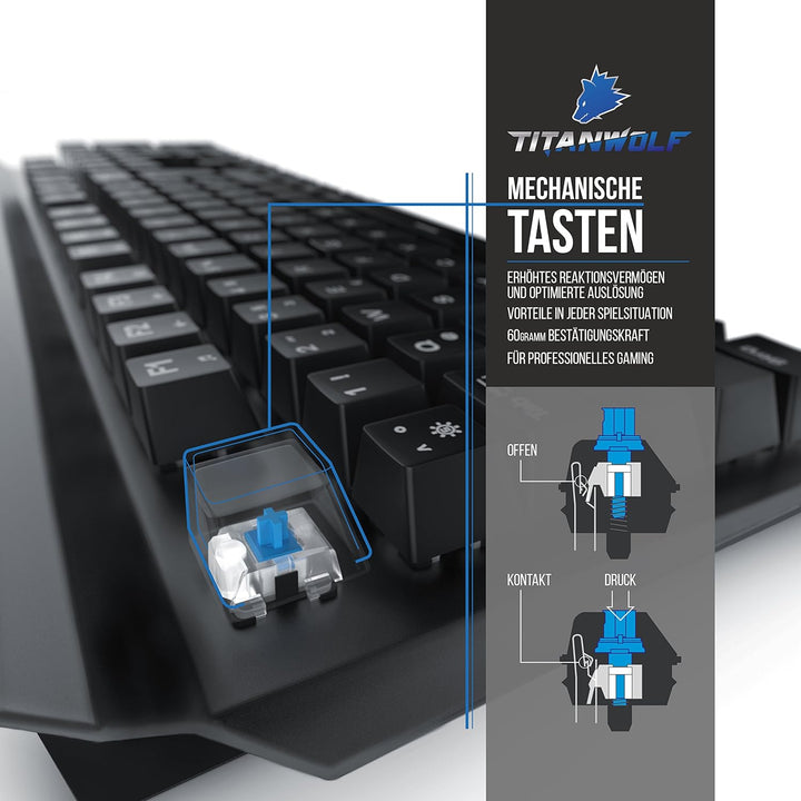 Titanwolf - mechanische Gaming Tastatur -LED Mechanical Keyboard - Anti Ghosting - QWERTZ Layout DE