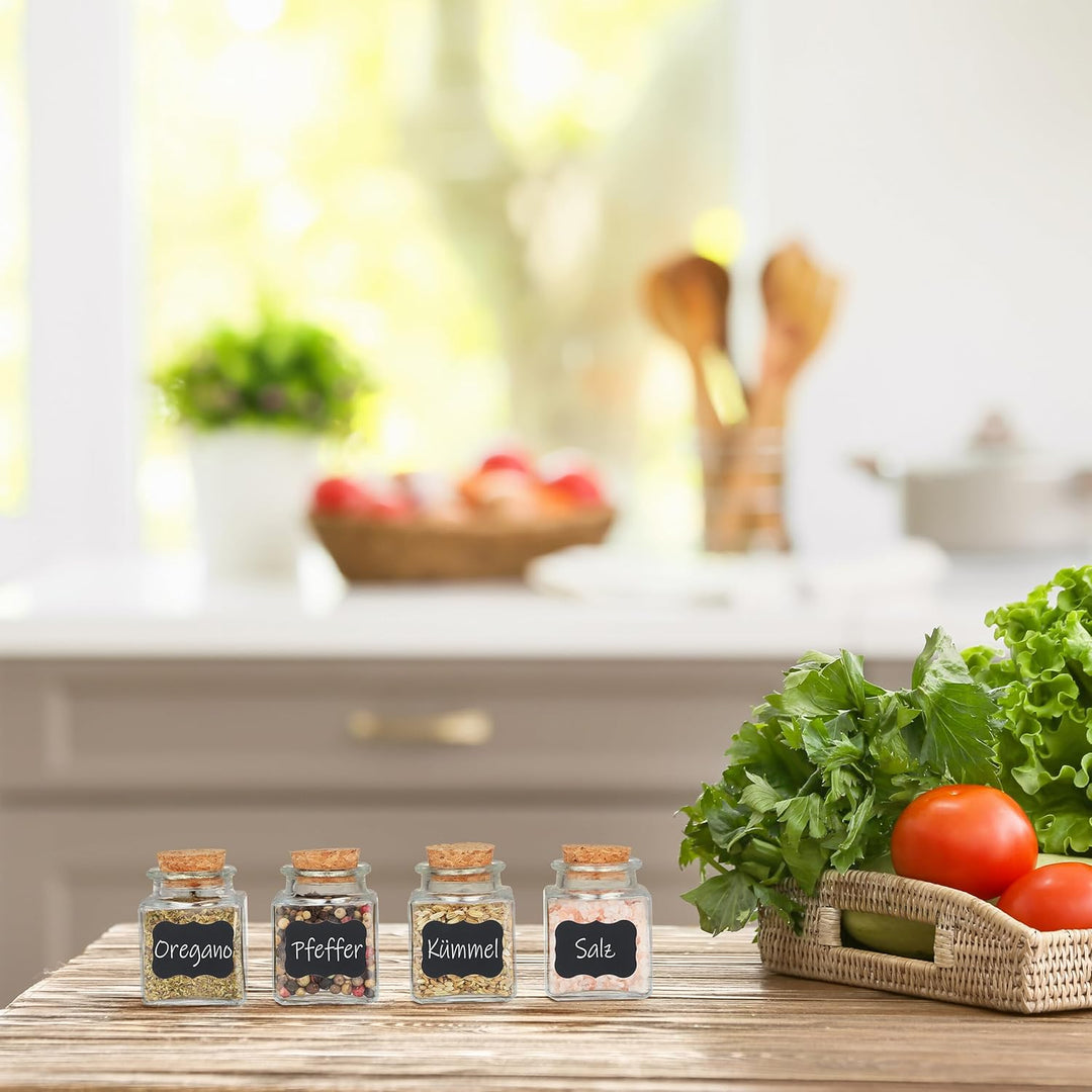 Relaxdays Gewürzgläser 12er Set, Gewürzdosen Glas, 50 ml, mit Etiketten, Stift &amp; Trichter, Korkdecke