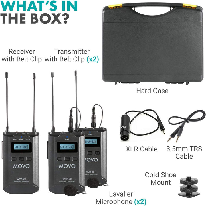 Movo WMX-20 48-Kanal-UHF-Drahtlos-Lavaliermikrofonsystem mit 1 Empfänger, 1 Sender und 1 Ansteckmikr