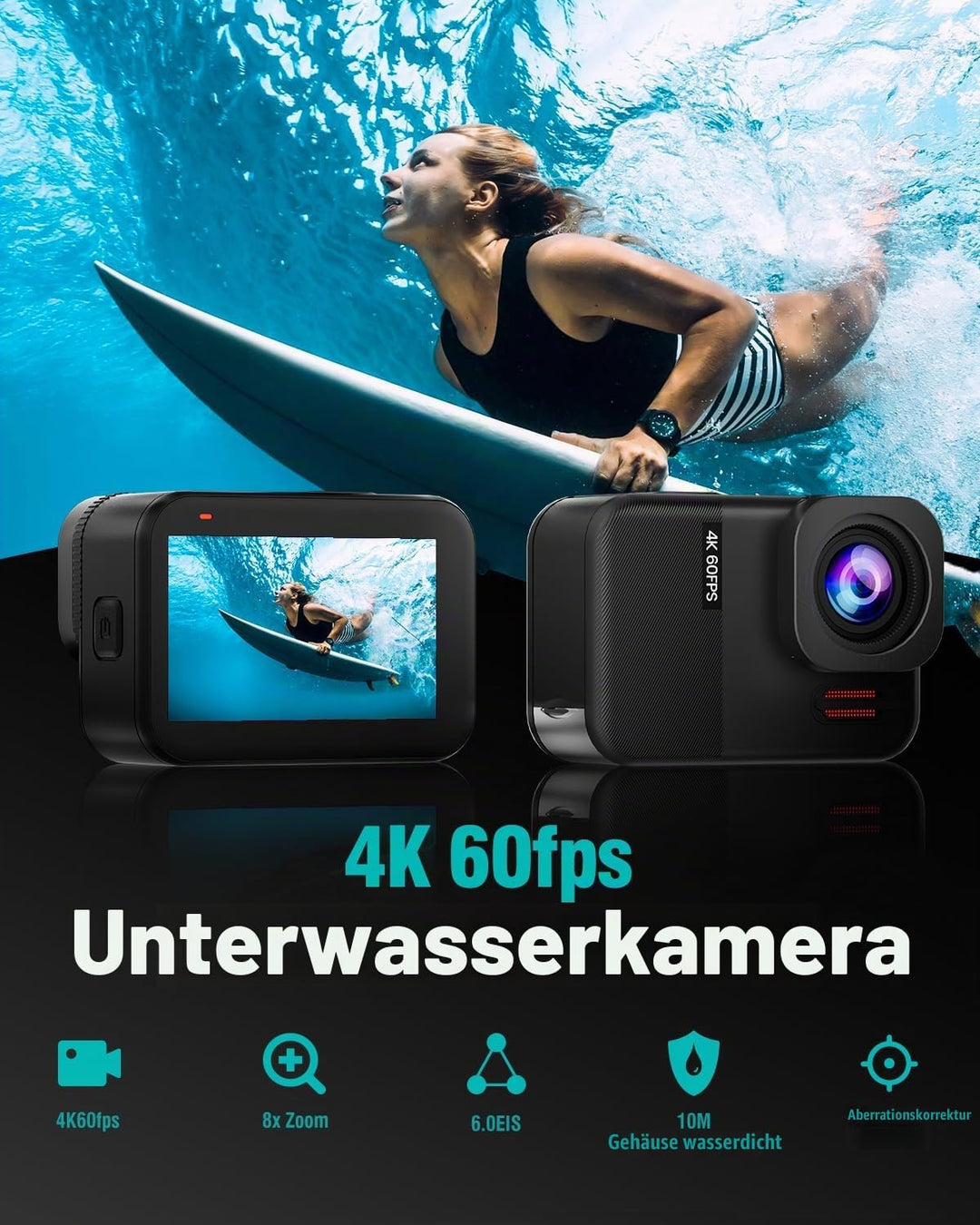 TIMNUT 4K60fps Touchscreen Action Cam, Unterwasserkamera mit 64G SD Karte 48MP WiFi Kamera 8X Zoom,